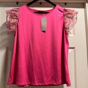 NWT Emery Rose Fuchsia Top with Floral Ruffle Sleeves Size XL